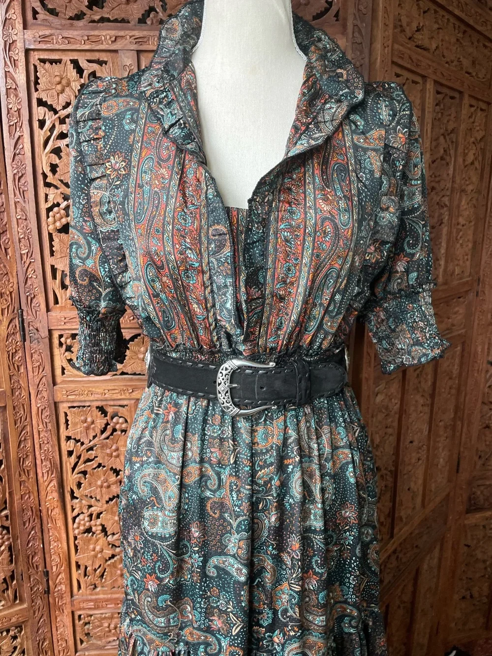 Vintage Boho Festival Western Paisley Tiered Ruffle Maxi Dress - Picture 3 of 16